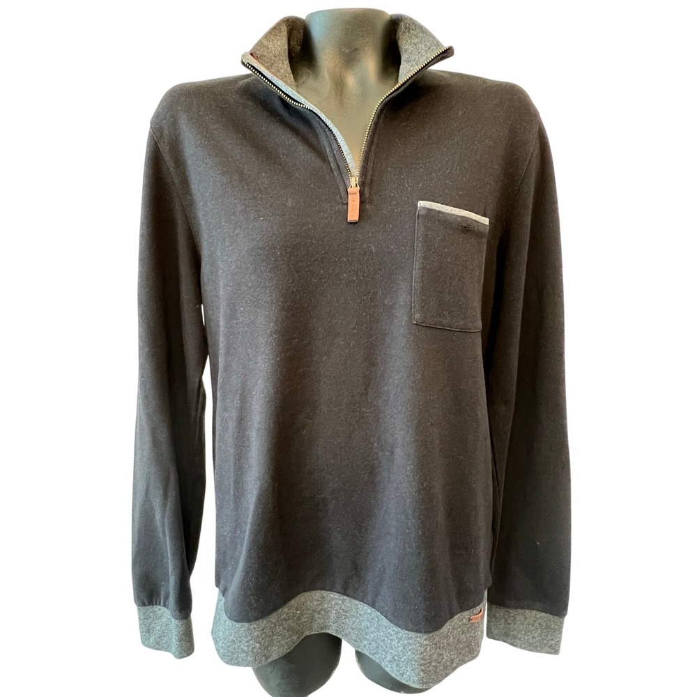 Ted Baker 1/4 zip Bk/gray pullover sweater men's L leather tags preppy old money